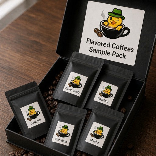 Lucky Ducky Coffee Flavored Coffees Sample Pack with coffee samples spilling out