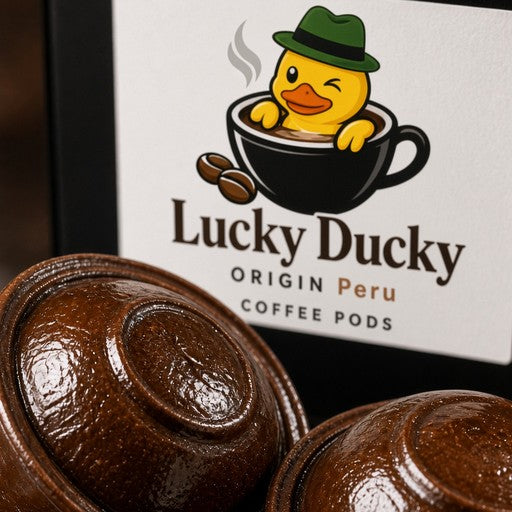Close-up detail of Lucky Ducky Peru coffee pod packaging and materials