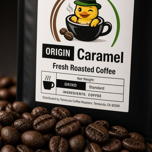 Close-up of Caramel flavored coffee and Lucky Ducky Coffee packaging