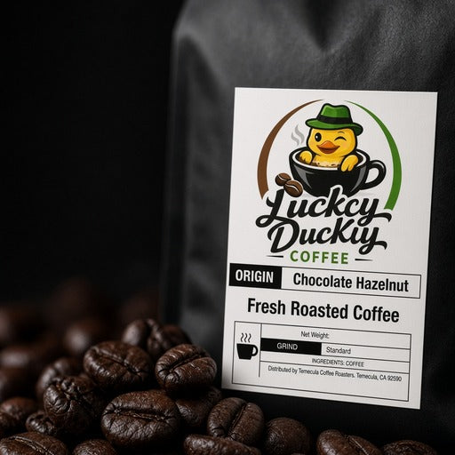 Close-up of Chocolate Hazelnut flavored coffee and Lucky Ducky Coffee packaging