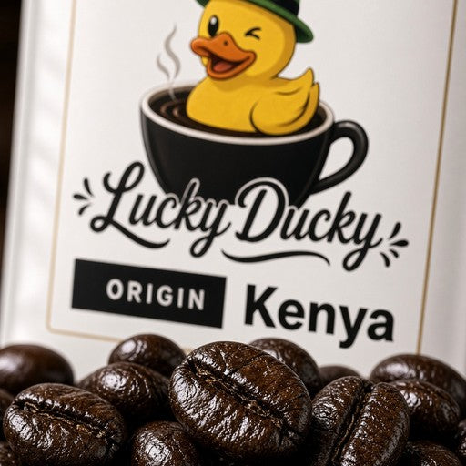 Close-up of Kenya coffee beans and Lucky Ducky Coffee packaging
