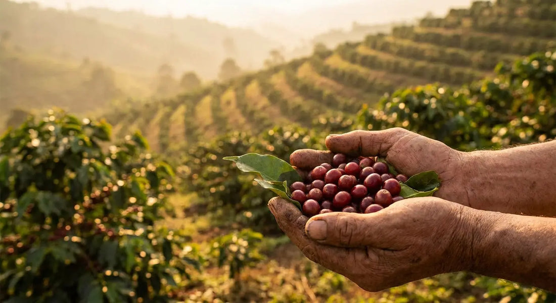 A close-up of a coffee farmer's hands holding freshly picked red coffee cherries among green coffee plants in warm morning sunlight.