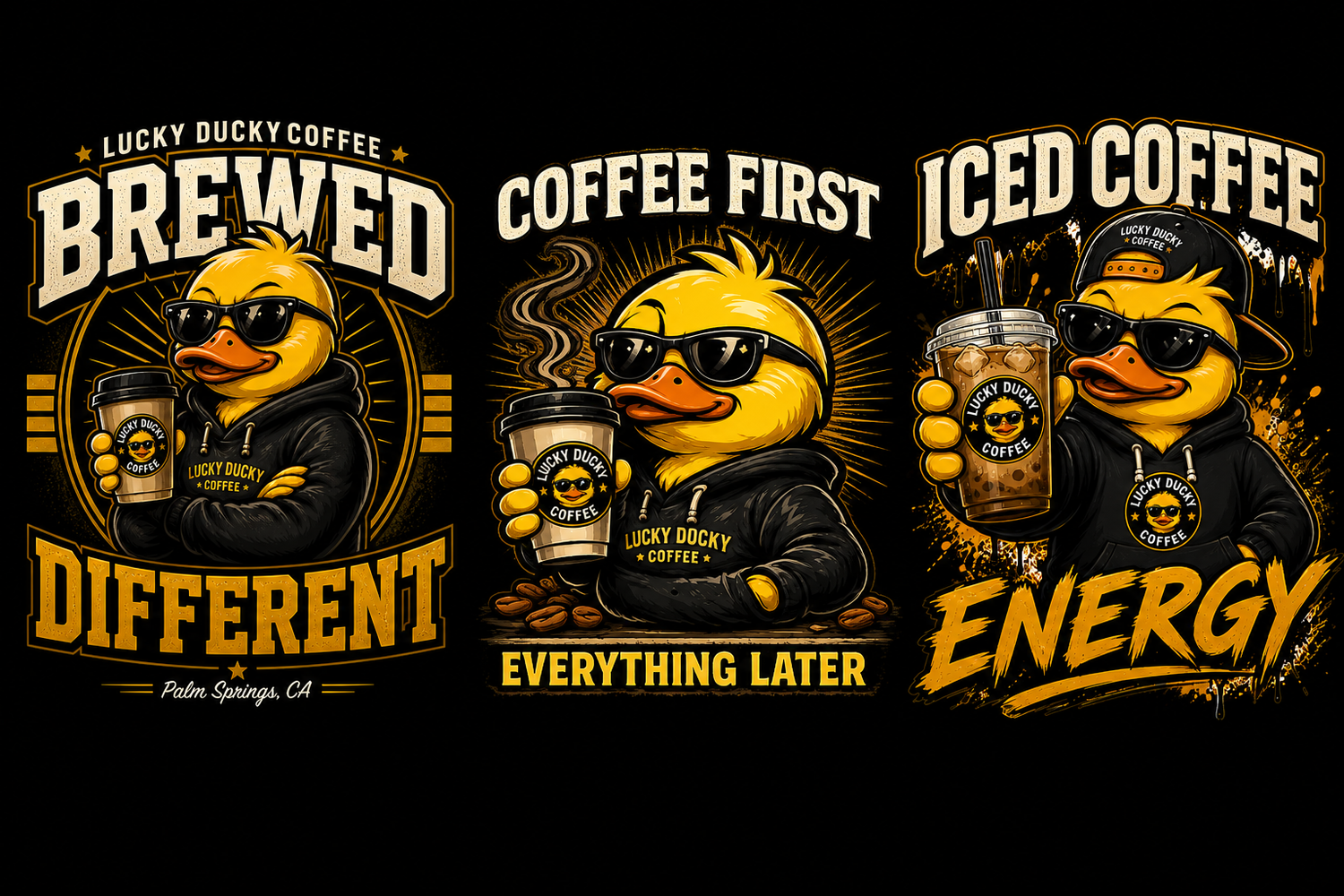 Lucky Ducky Coffee Tees: yellow duck in hoodie with coffee cups, Brewed Different, Coffee First, Iced Coffee.