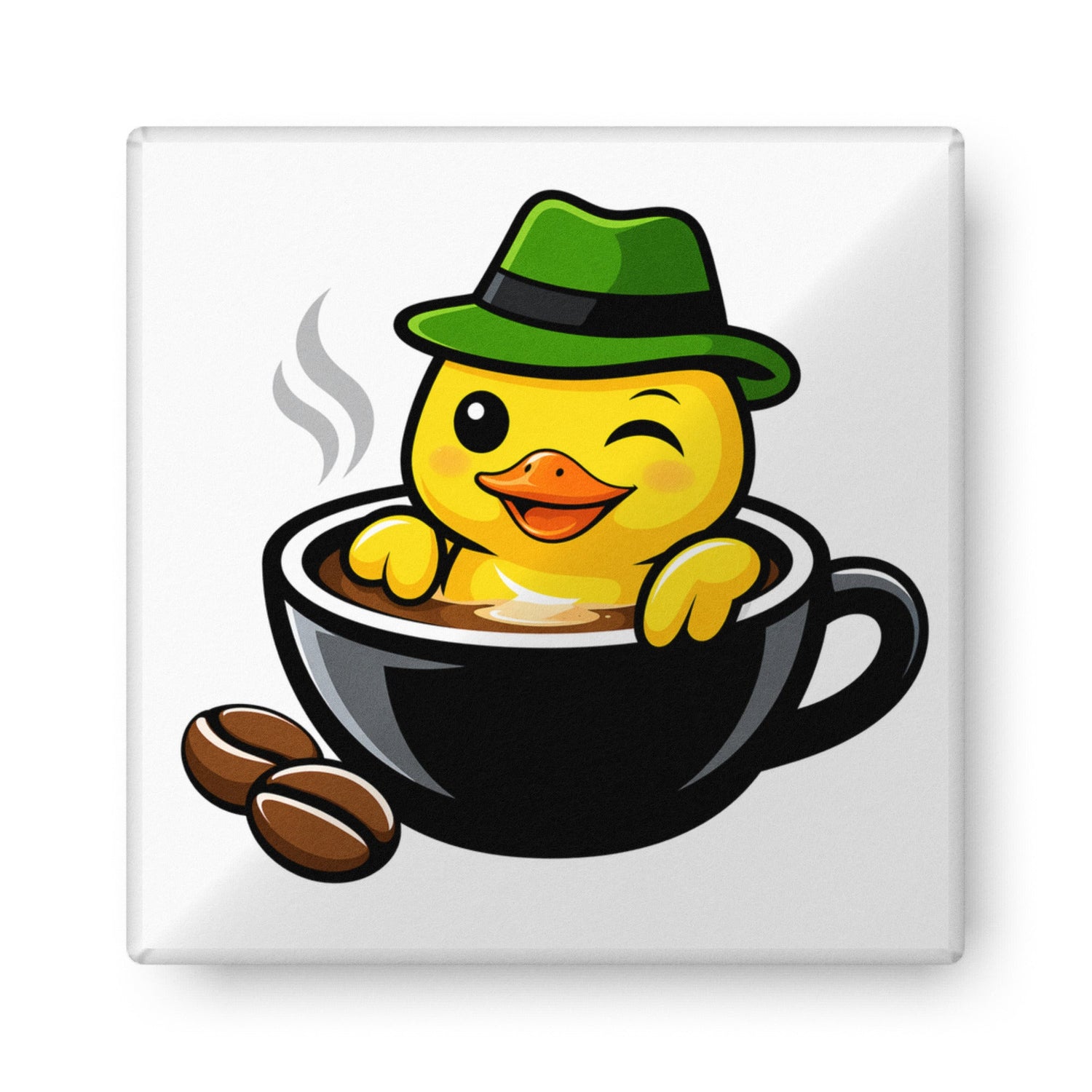 Lucky Ducky Coffee pillow featuring a cartoon duck in a steaming coffee cup with a green hat.