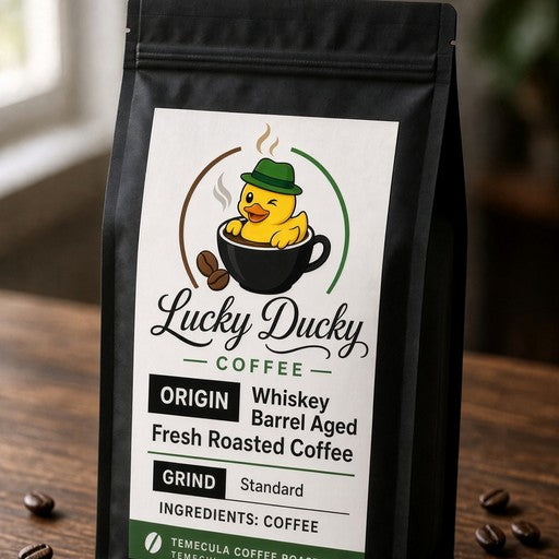 Lucky Ducky Coffee Whiskey Barrel Aged Guatemala coffee bag hero image