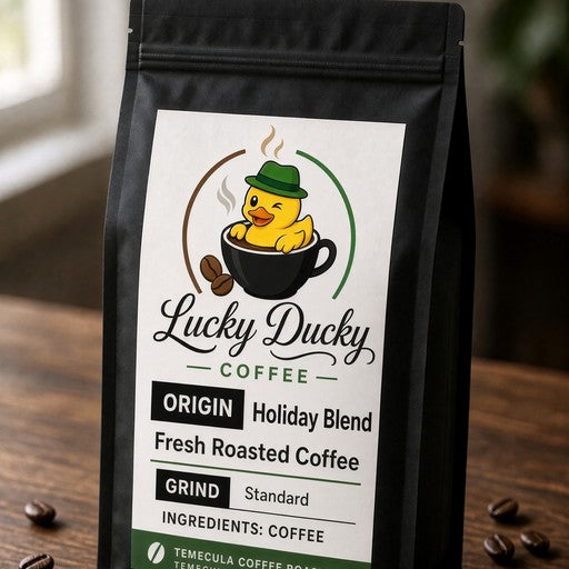 Lucky Ducky Coffee Holiday Blend medium roast coffee bag