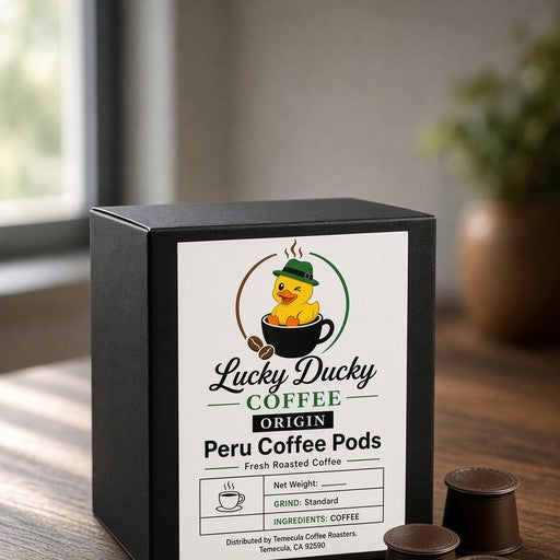 Lucky Ducky Peru single-origin coffee pods 12-pack front packaging