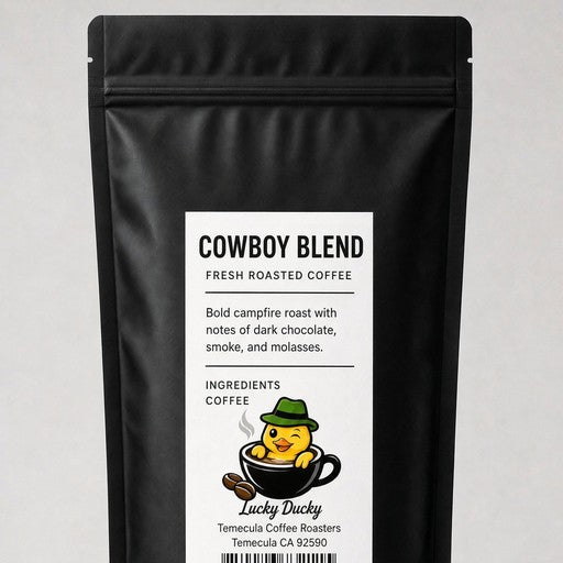 Lucky Ducky Coffee Cowboy Blend coffee bag back and packaging details