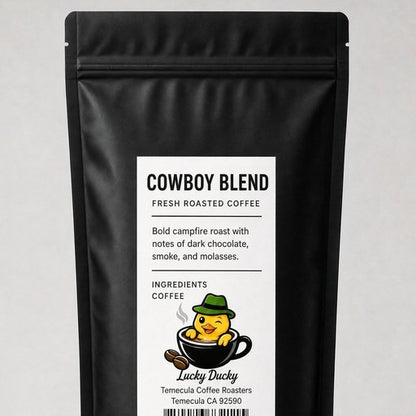 Lucky Ducky Coffee Cowboy Blend coffee bag back and packaging details