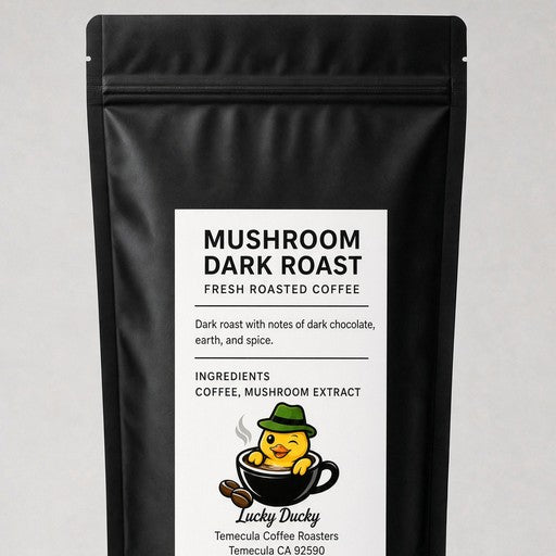 Lucky Ducky Coffee Coffee with Mushrooms Dark Roast bag back and packaging details