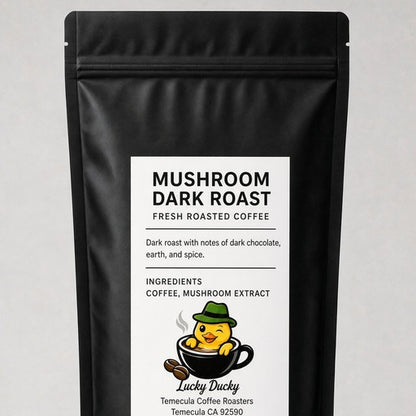 Lucky Ducky Coffee Coffee with Mushrooms Dark Roast bag back and packaging details