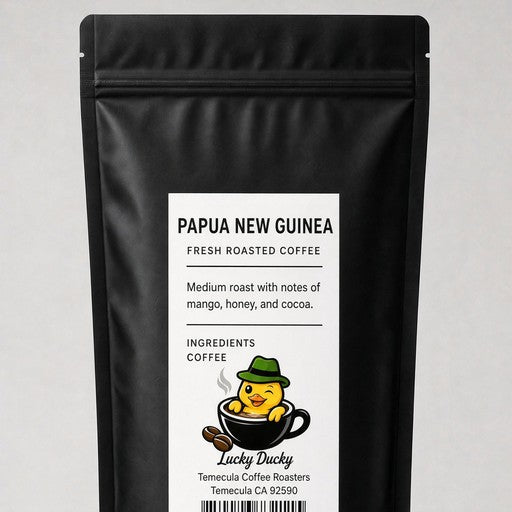 Lucky Ducky Coffee Papua New Guinea coffee bag back and packaging details