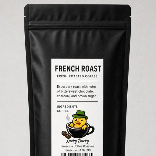 Lucky Ducky Coffee French Roast bag back and packaging details