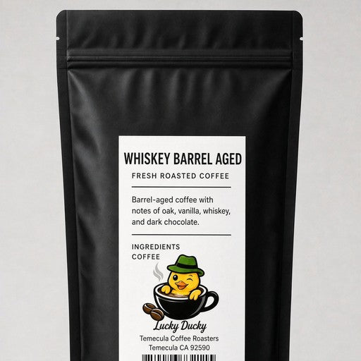 Lucky Ducky Coffee Whiskey Barrel Aged coffee bag back and packaging details