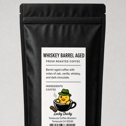 Lucky Ducky Coffee Whiskey Barrel Aged coffee bag back and packaging details