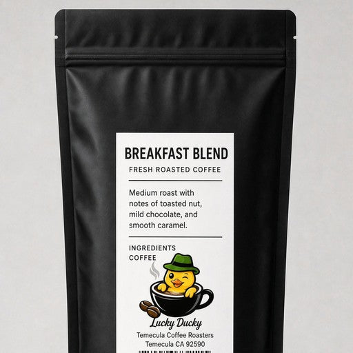 Lucky Ducky Coffee Breakfast Blend coffee bag back and packaging details