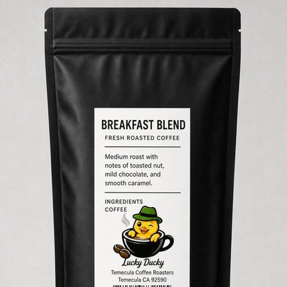 Lucky Ducky Coffee Breakfast Blend coffee bag back and packaging details