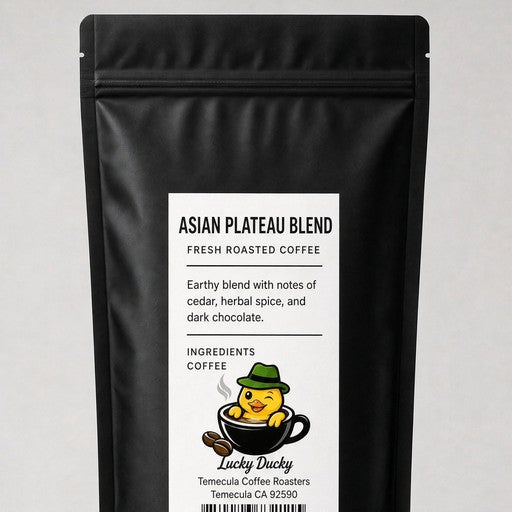Lucky Ducky Coffee Asian Plateau Blend coffee bag back and packaging details