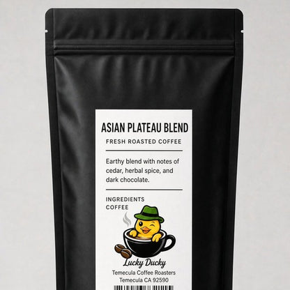 Lucky Ducky Coffee Asian Plateau Blend coffee bag back and packaging details