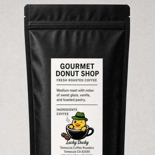 Lucky Ducky Coffee Gourmet Donut Shop bag back and packaging details