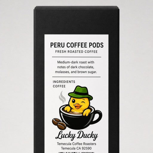 Back of Lucky Ducky Peru coffee pods packaging with product details