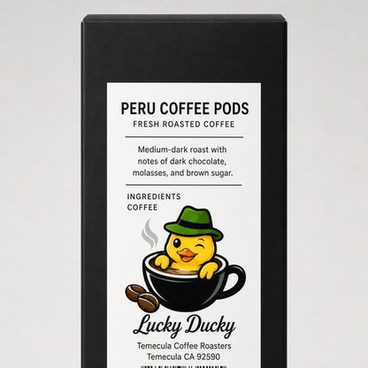 Back of Lucky Ducky Peru coffee pods packaging with product details