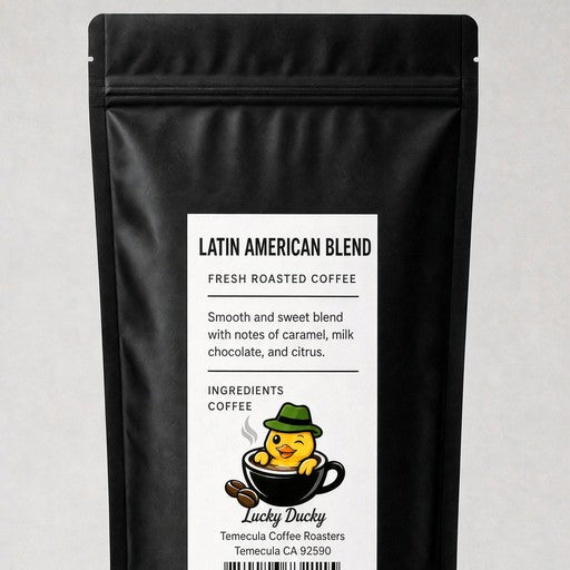 Lucky Ducky Coffee Latin American Blend coffee bag back and packaging details