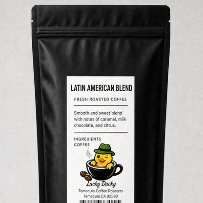 Lucky Ducky Coffee Latin American Blend coffee bag back and packaging details