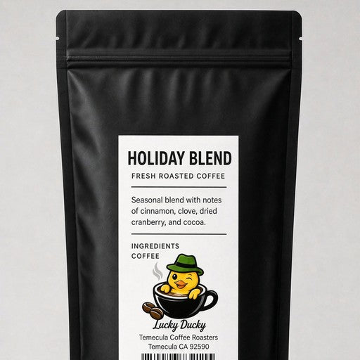 Lucky Ducky Coffee Holiday Blend bag back and packaging details
