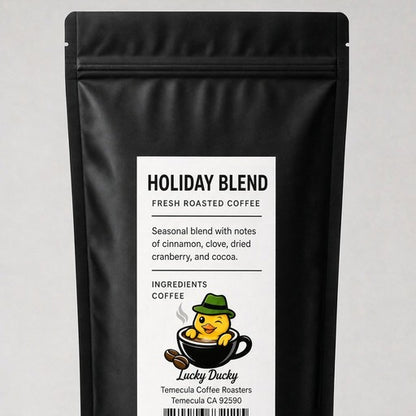 Lucky Ducky Coffee Holiday Blend bag back and packaging details