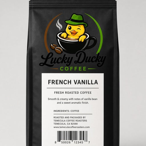 Lucky Ducky Coffee French Vanilla coffee bag back and packaging details