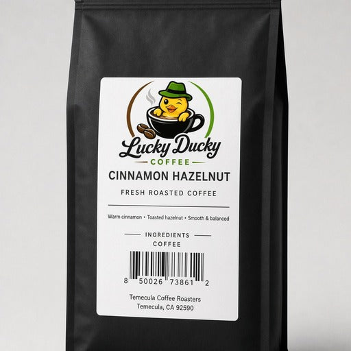 Lucky Ducky Coffee Cinnamon Hazelnut coffee bag back and packaging details
