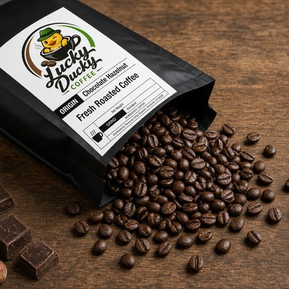 Chocolate Hazelnut flavored coffee beans spilling from Lucky Ducky Coffee bag