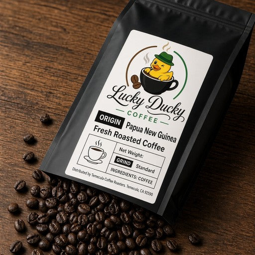 Papua New Guinea single-origin coffee beans spilling from Lucky Ducky Coffee bag