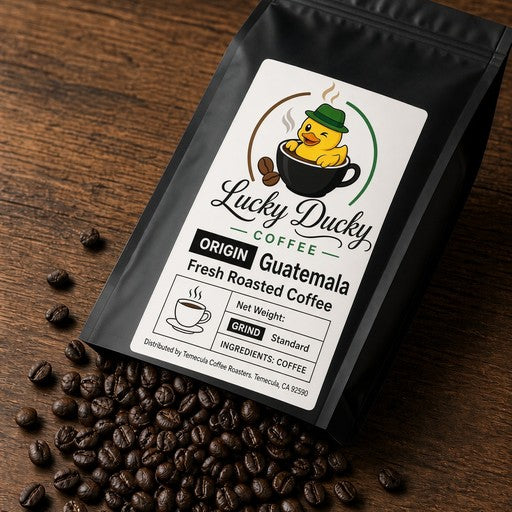 Guatemala single-origin coffee beans spilling from Lucky Ducky Coffee bag
