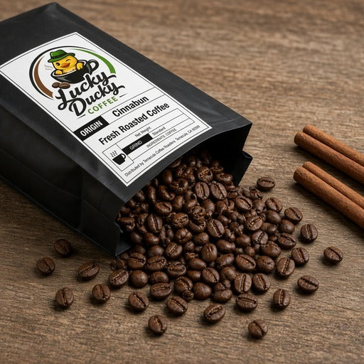 Cinnabun flavored coffee beans spilling from Lucky Ducky Coffee bag