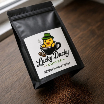 Lucky Ducky Instant Coffee granules spilling from package