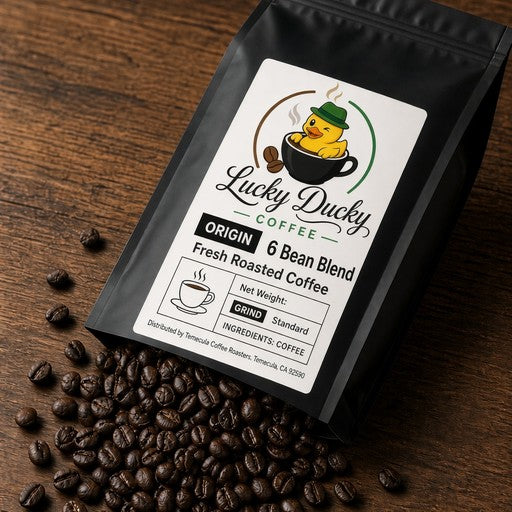 6 Bean Blend dark roast coffee beans spilling from Lucky Ducky Coffee bag