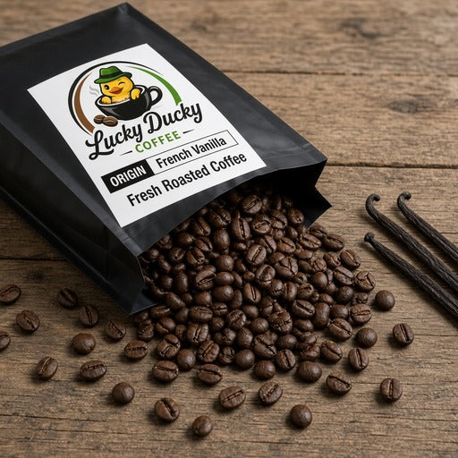 French Vanilla flavored coffee spilling from Lucky Ducky Coffee bag