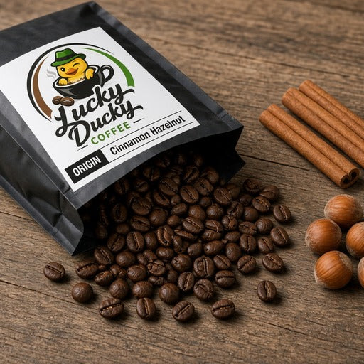 Cinnamon Hazelnut flavored coffee beans spilling from Lucky Ducky Coffee bag