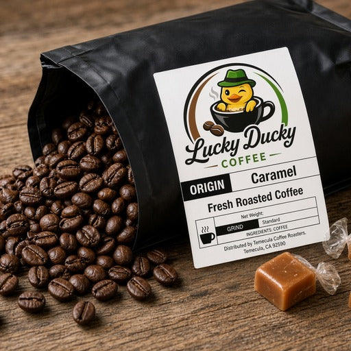 Caramel flavored coffee beans spilling from Lucky Ducky Coffee bag