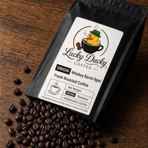 Whiskey Barrel Aged Guatemala coffee beans spilling from Lucky Ducky Coffee bag