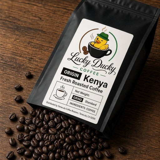 Kenya single-origin coffee beans spilling from Lucky Ducky Coffee bag