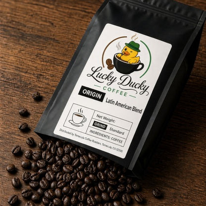Latin American Blend coffee beans spilling from Lucky Ducky Coffee bag