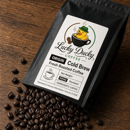 Lucky Ducky Coffee Cold Brew Coffee beans spilling from coffee bag