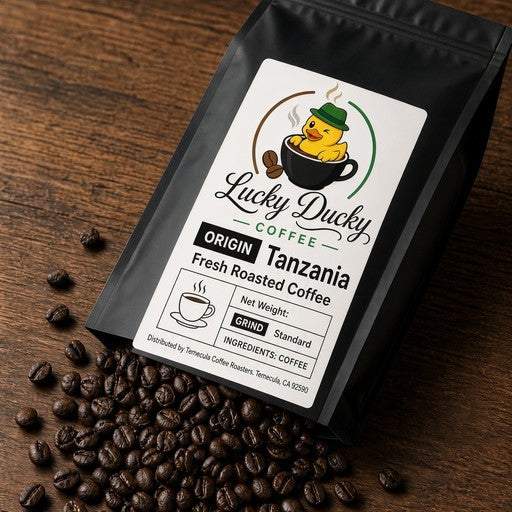 Tanzania single-origin coffee beans spilling from Lucky Ducky Coffee bag
