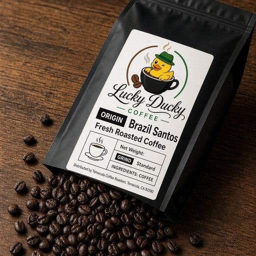 Brazil Santos coffee beans spilling from Lucky Ducky Coffee bag