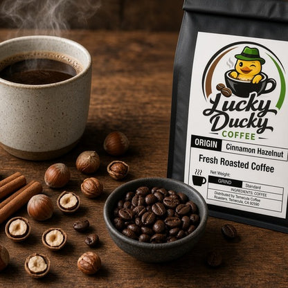 Lucky Ducky Coffee Cinnamon Hazelnut flavored coffee lifestyle scene