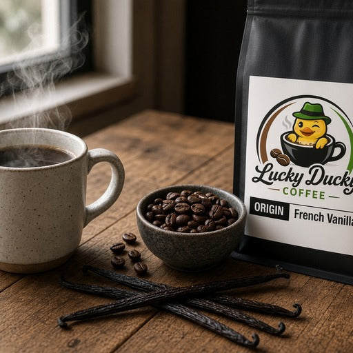 Lucky Ducky Coffee French Vanilla medium roast coffee lifestyle scene