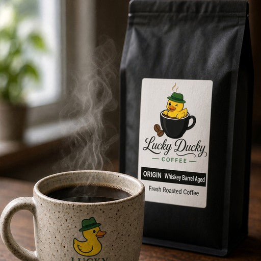 Lucky Ducky Coffee Whiskey Barrel Aged Guatemala coffee lifestyle scene